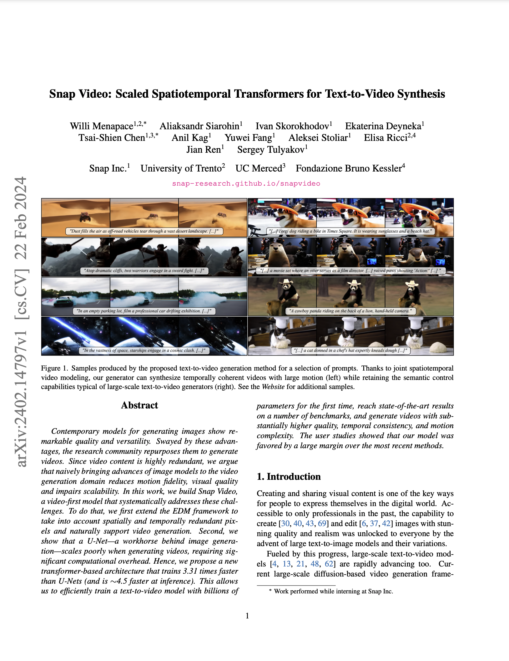 Snap Video: Scaled Spatiotemporal Transformers for Text-to-Video Synthesis